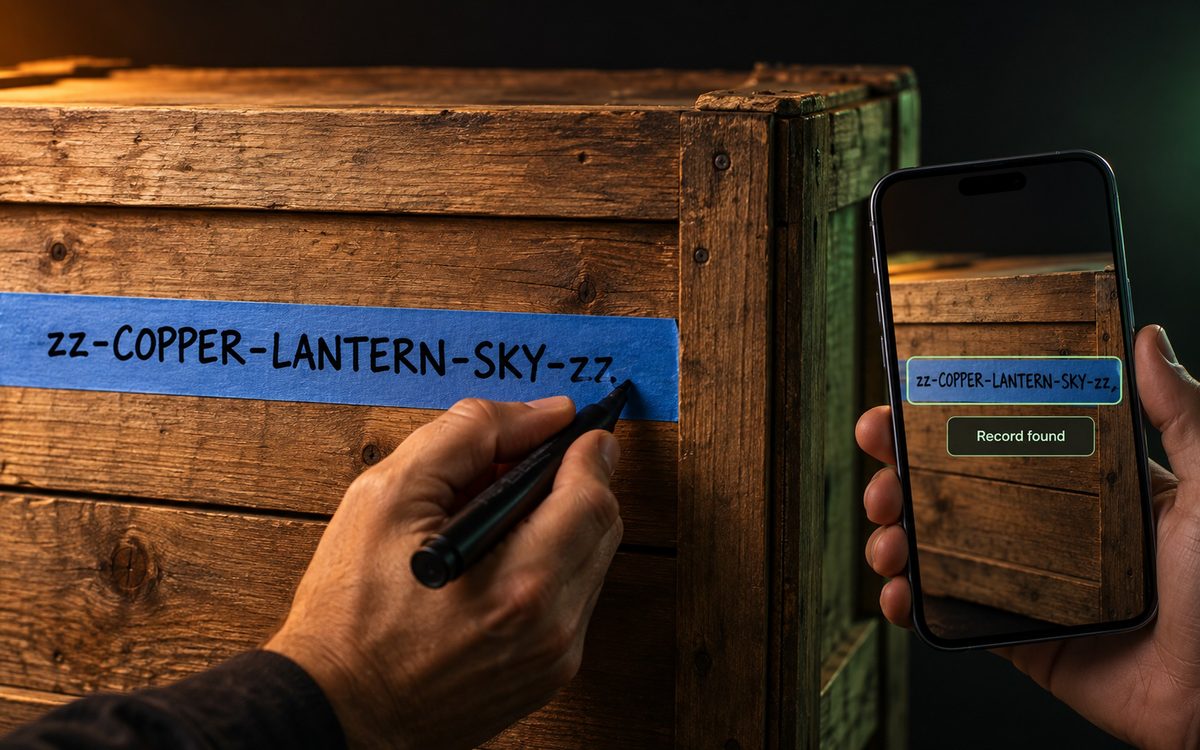 zzThis concept render: a hand writes zz-copper-lantern-sky-zz in marker on blue tape on a wooden crate while a phone camera reads the code and shows Record found.
